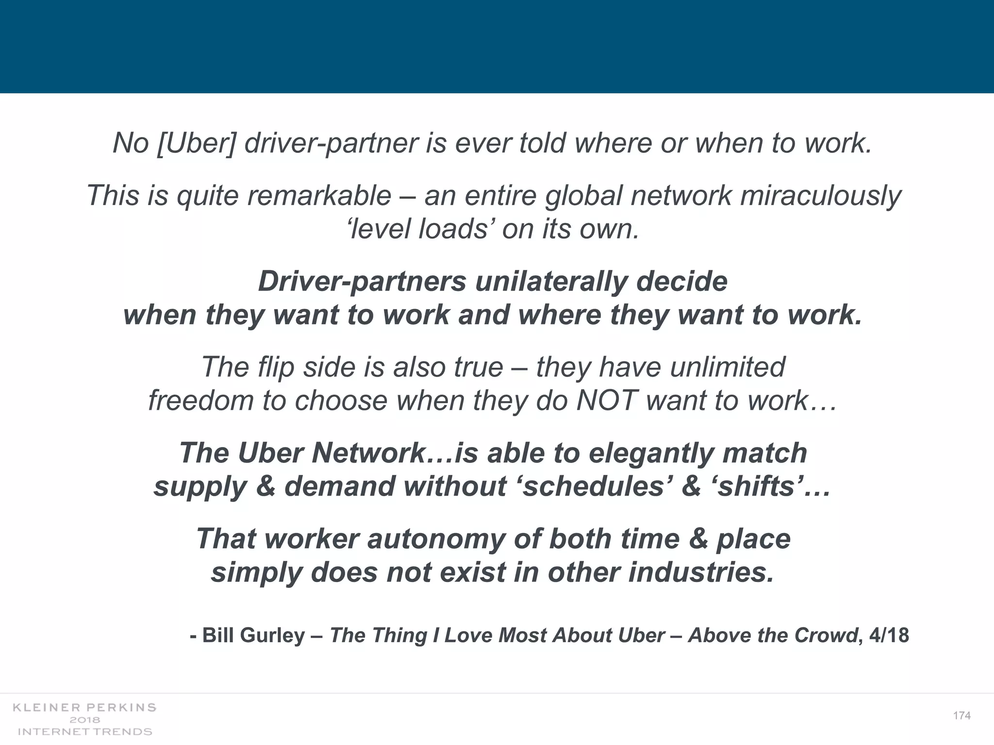 174
No [Uber] driver-partner is ever told where or when to work.
This is quite remarkable – an entire global network miraculously
‘level loads’ on its own.
Driver-partners unilaterally decide
when they want to work and where they want to work.
The flip side is also true – they have unlimited
freedom to choose when they do NOT want to work…
The Uber Network…is able to elegantly match
supply & demand without ‘schedules’ & ‘shifts’…
That worker autonomy of both time & place
simply does not exist in other industries.
- Bill Gurley – The Thing I Love Most About Uber – Above the Crowd, 4/18
 