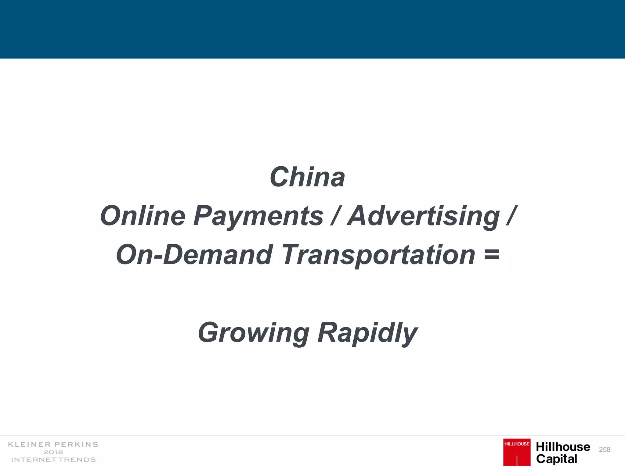 258
China
Online Payments / Advertising /
On-Demand Transportation =
Growing Rapidly
 