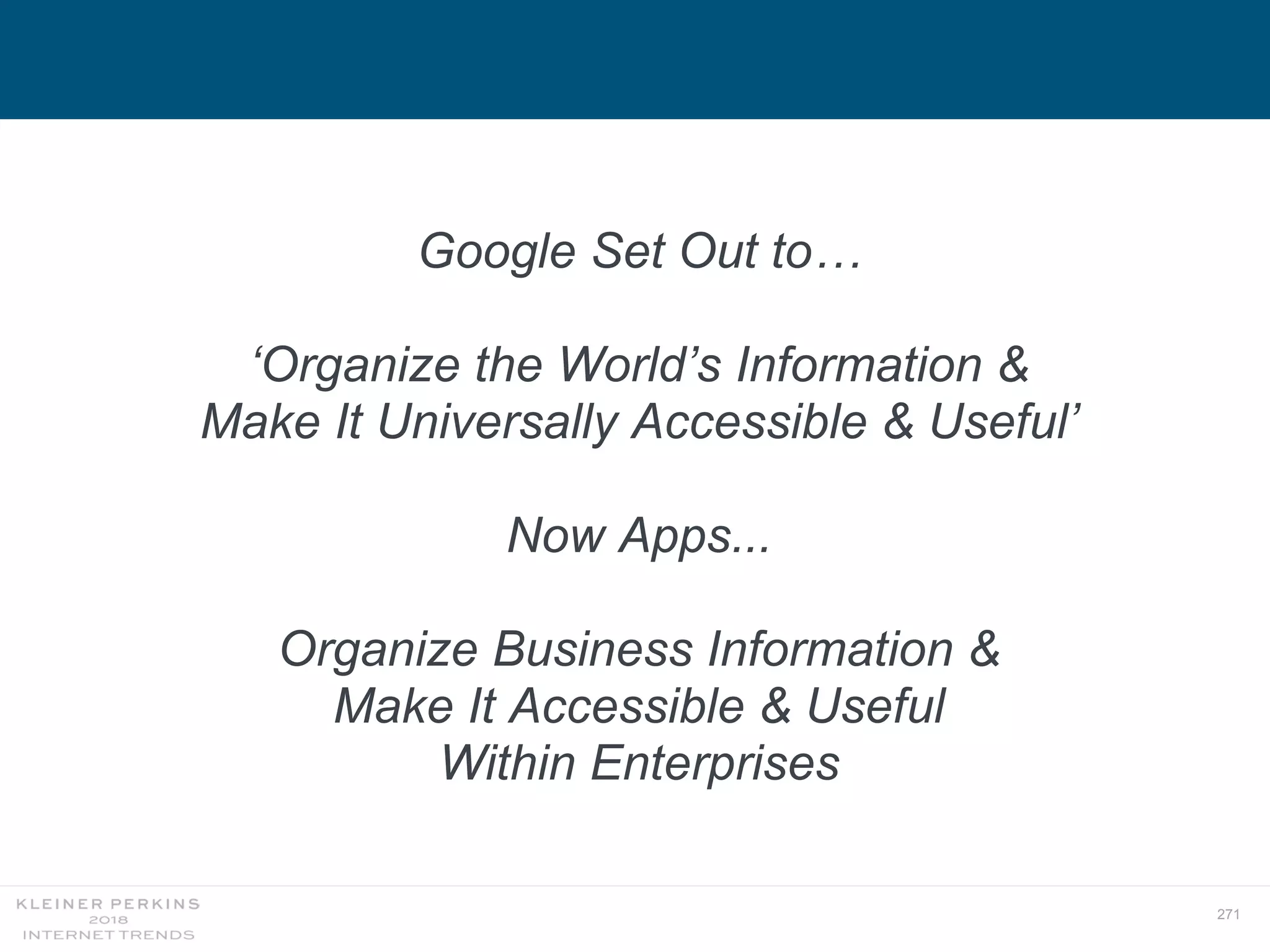 271
Google Set Out to…
‘Organize the World’s Information &
Make It Universally Accessible & Useful’
Now Apps...
Organize Business Information &
Make It Accessible & Useful
Within Enterprises
 
