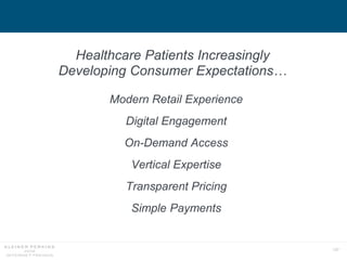 137
Healthcare Patients Increasingly
Developing Consumer Expectations…
Modern Retail Experience
Digital Engagement
On-Dema...