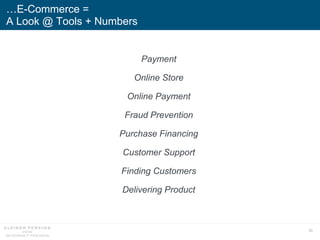 59
…E-Commerce =
A Look @ Tools + Numbers
Payment
Online Store
Online Payment
Fraud Prevention
Purchase Financing
Customer...
