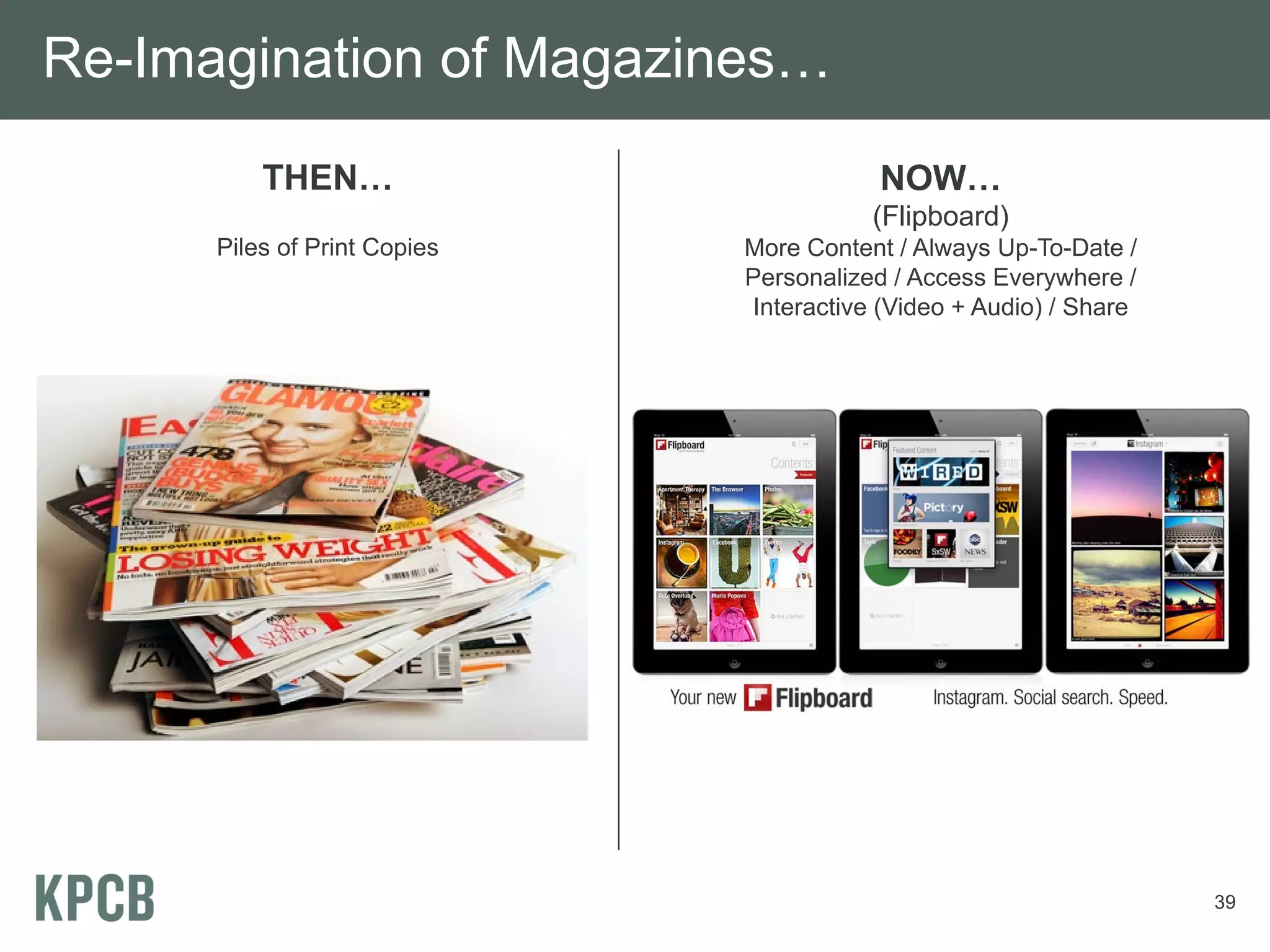 Re-Imagination of Magazines…
          THEN…                           NOW…
                                         (Flipboard)
      Piles of Print Copies   More Content / Always Up-To-Date /
                              Personalized / Access Everywhere /
                              Interactive (Video + Audio) / Share




                                                                    39
 