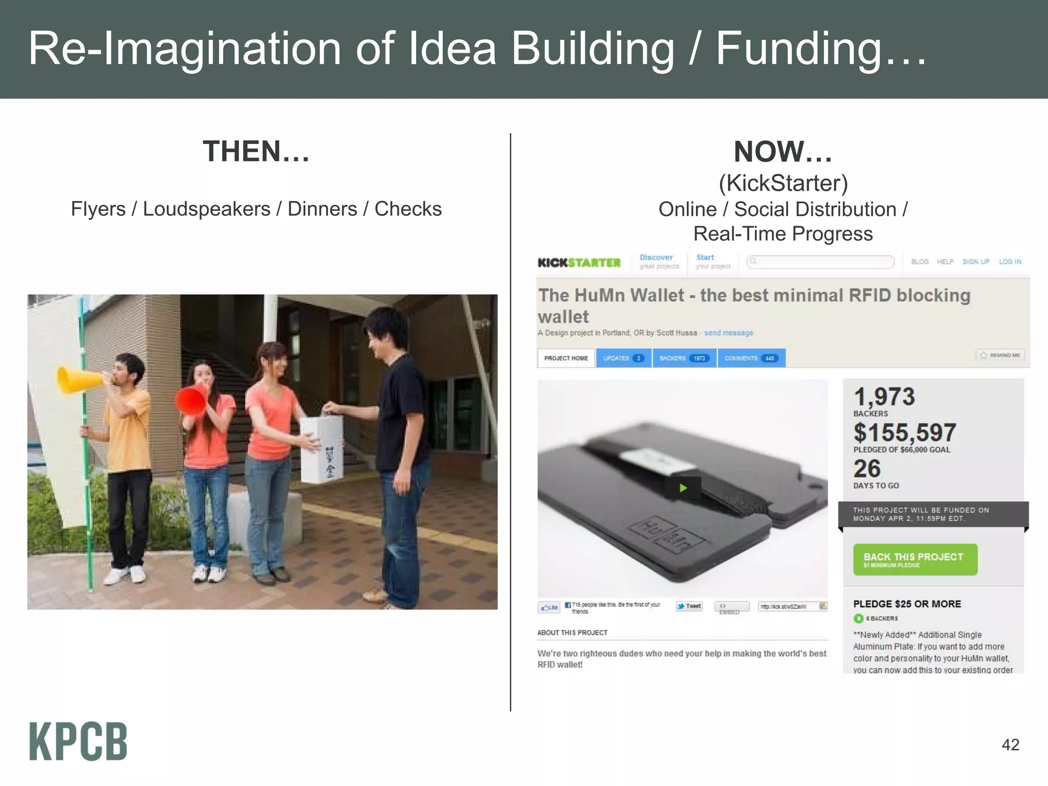 Re-Imagination of Idea Building / Funding…

                THEN…                                NOW…
                                                    (KickStarter)
  Flyers / Loudspeakers / Dinners / Checks   Online / Social Distribution /
                                                 Real-Time Progress




                                                                              42
 