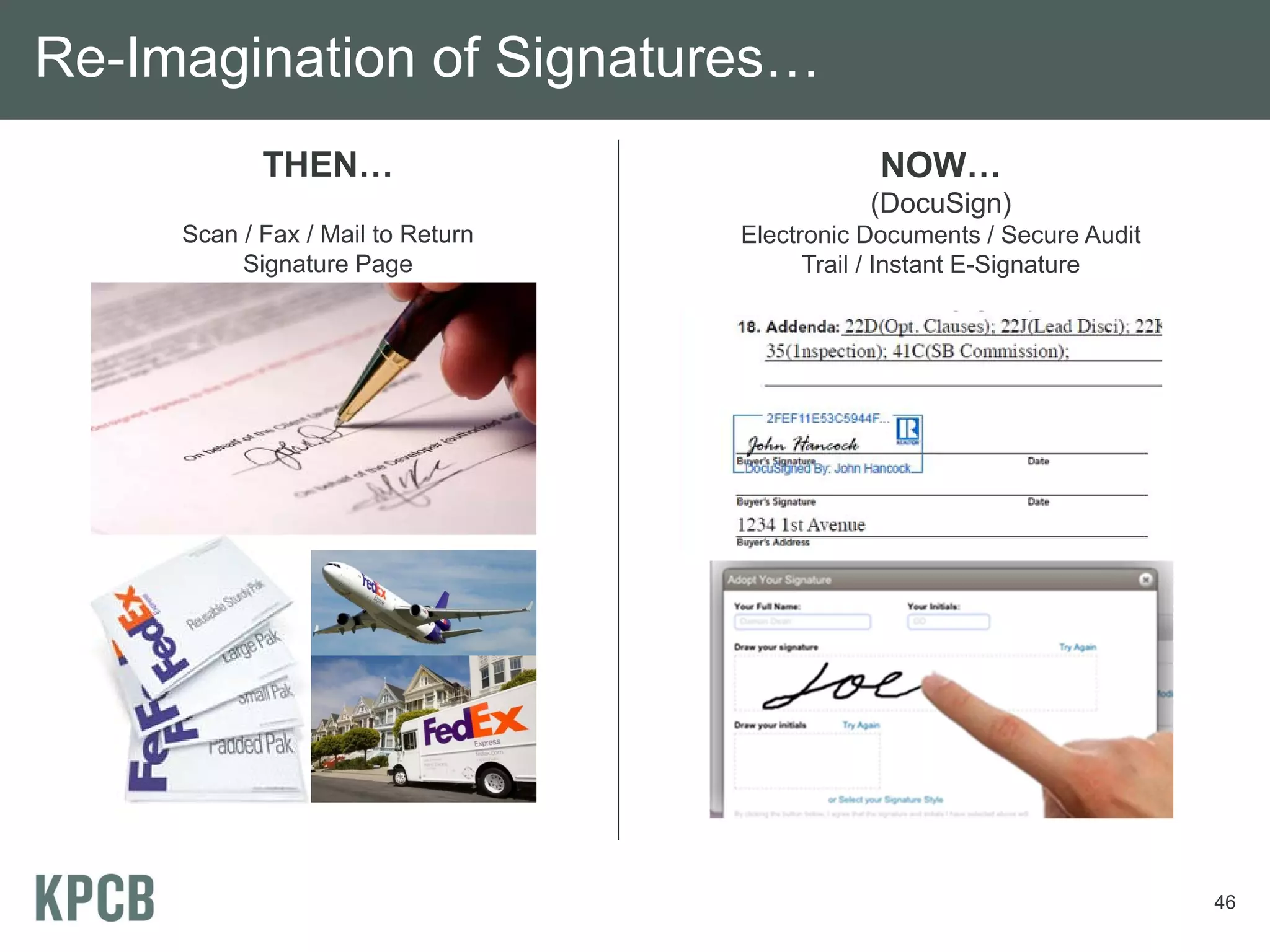 Re-Imagination of Signatures…
            THEN…                              NOW…
                                              (DocuSign)
     Scan / Fax / Mail to Return   Electronic Documents / Secure Audit
          Signature Page                 Trail / Instant E-Signature




                                                                         46
 