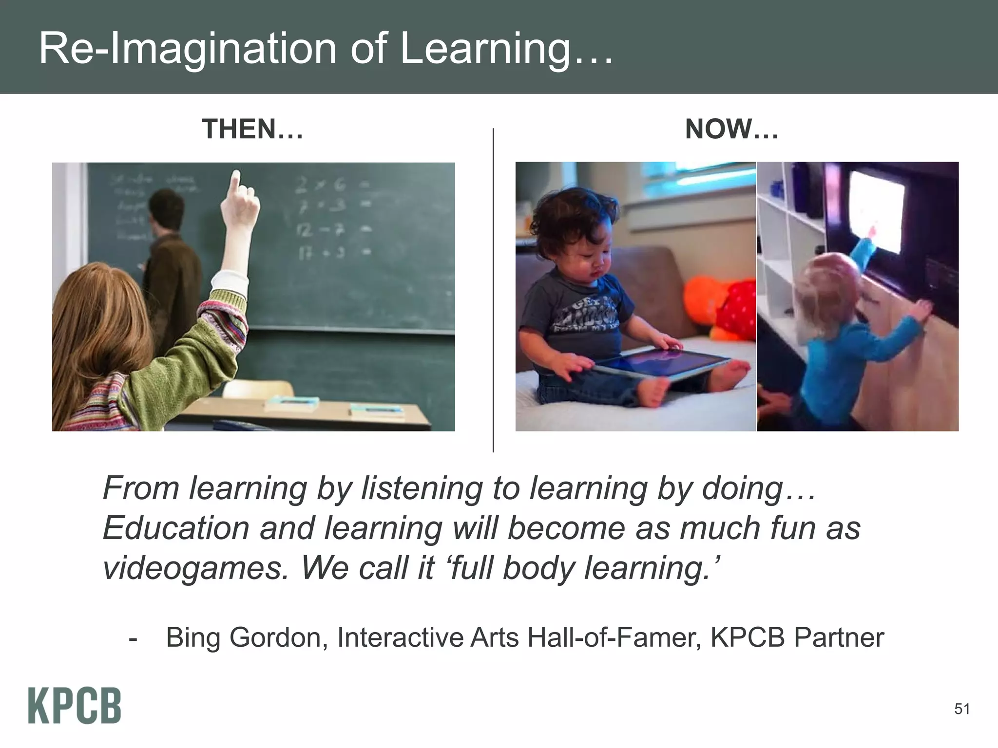Re-Imagination of Learning…
          THEN…                                  NOW…




  From learning by listening to learning by doing…
  Education and learning will become as much fun as
  videogames. We call it ‘full body learning.’

    -   Bing Gordon, Interactive Arts Hall-of-Famer, KPCB Partner

                                                                    51
 