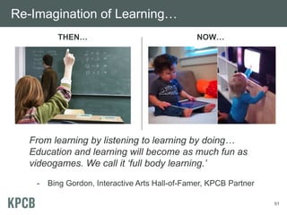 Re-Imagination of Learning…
          THEN…                                  NOW…




  From learning by listening to learning by doing…
  Education and learning will become as much fun as
  videogames. We call it ‘full body learning.’

    -   Bing Gordon, Interactive Arts Hall-of-Famer, KPCB Partner

                                                                    51
 