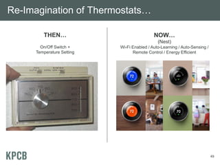 Re-Imagination of Thermostats…

        THEN…                               NOW…
                                              (Nest)
       On/Off Switch +     Wi-Fi Enabled / Auto-Learning / Auto-Sensing /
     Temperature Setting         Remote Control / Energy Efficient




                                                                            49
 