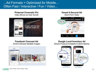 20
...Ad Formats = Optimized for Mobile...
Often Fast / Interactive / Fun / Video...
Image: Pinterest, Vessel, Facebook, G...