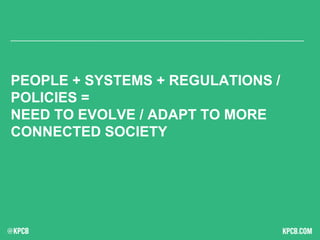 PEOPLE + SYSTEMS + REGULATIONS /
POLICIES =
NEED TO EVOLVE / ADAPT TO MORE
CONNECTED SOCIETY
 