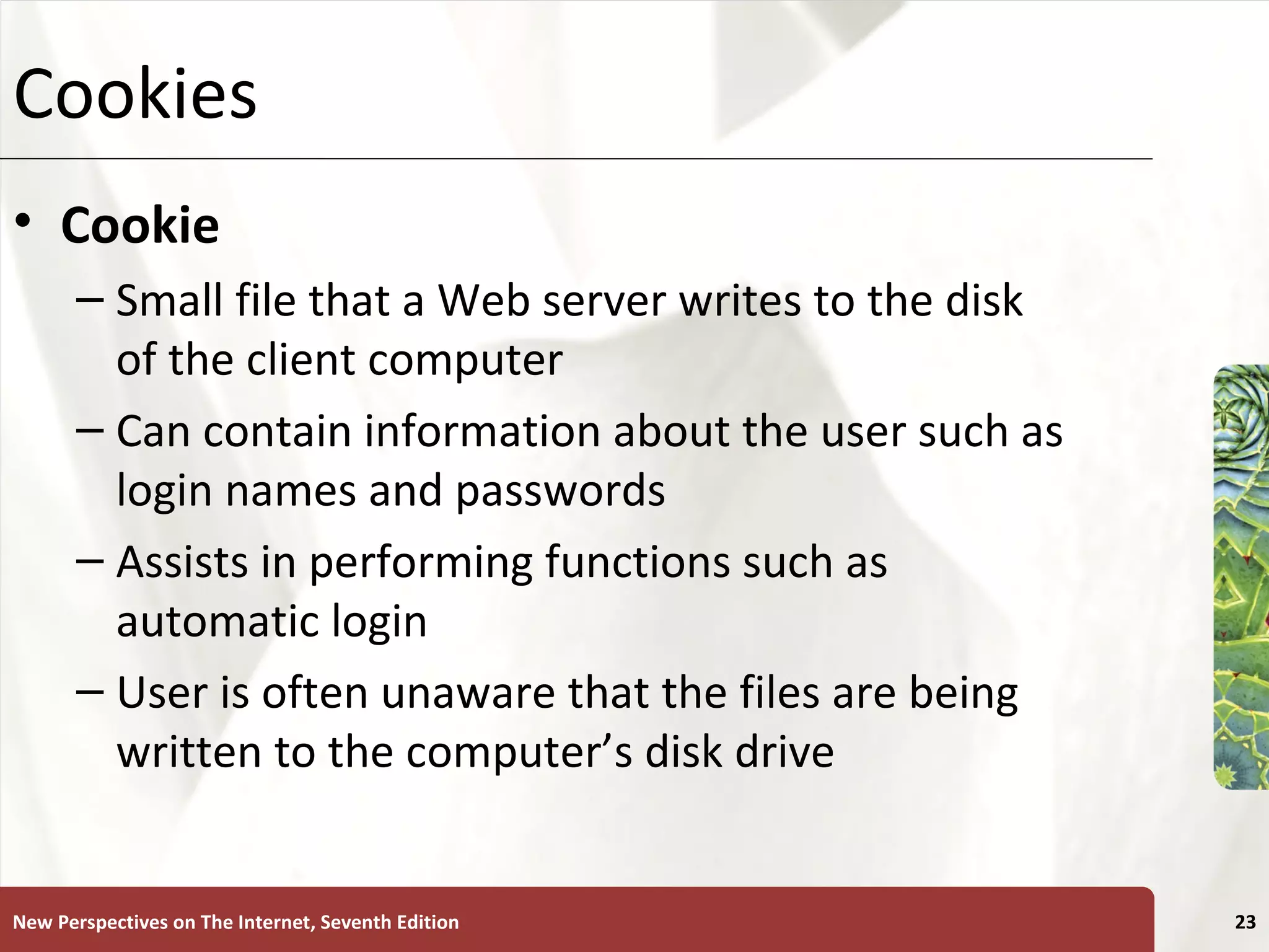 Cookies Cookie Small file that a Web server writes to the disk of the client computer Can contain information about the user such as login names and passwords Assists in performing functions such as automatic login User is often unaware that the files are being written to the computer’s disk drive New Perspectives on The Internet, Seventh Edition 