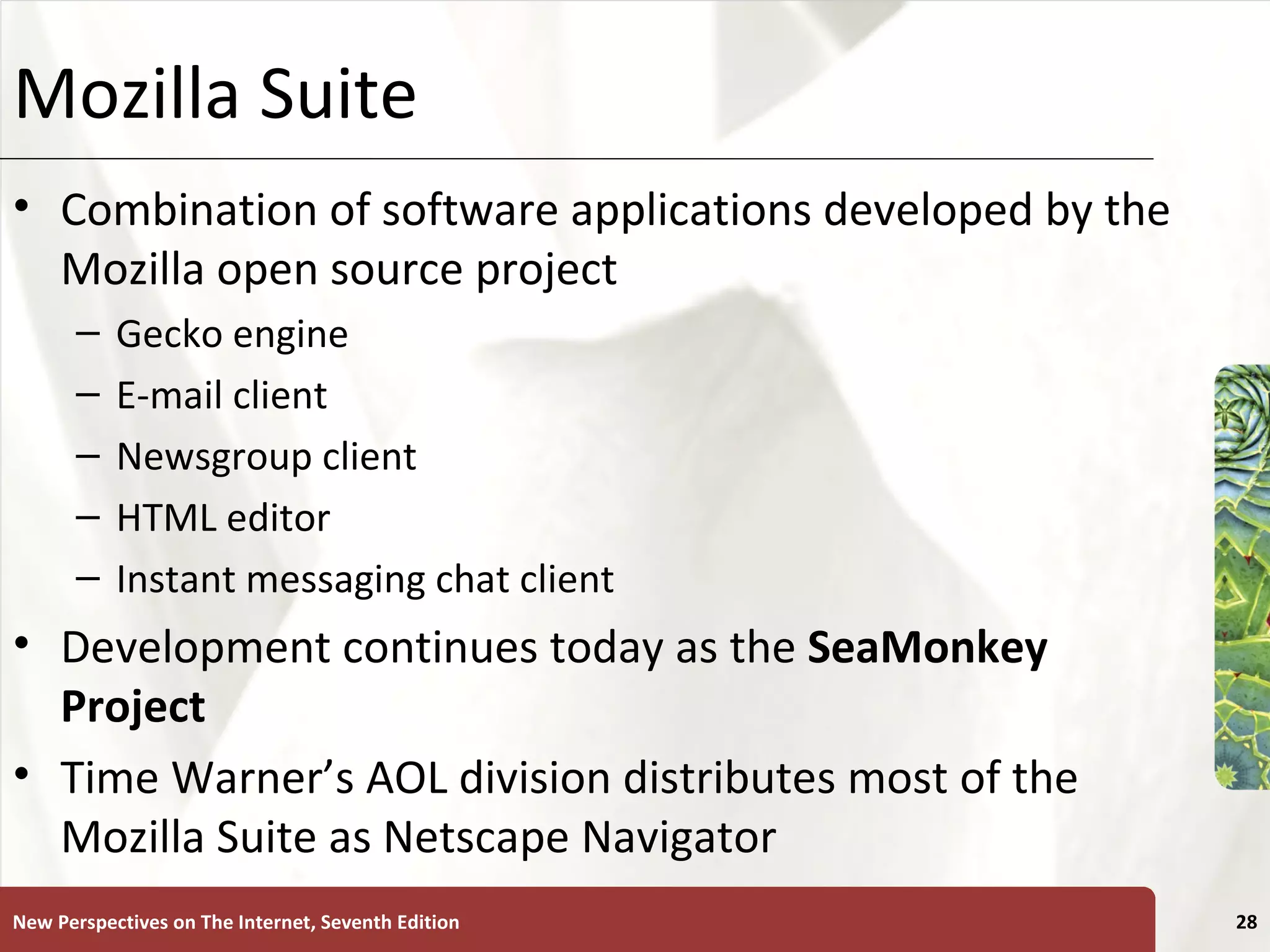 Mozilla Suite Combination of software applications developed by the Mozilla open source project Gecko engine E-mail client Newsgroup client HTML editor Instant messaging chat client Development continues today as the  SeaMonkey Project Time Warner’s AOL division distributes most of the Mozilla Suite as Netscape Navigator New Perspectives on The Internet, Seventh Edition 