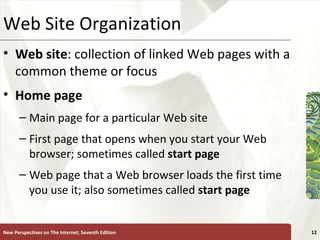 Web Site Organization Web site : collection of linked Web pages with a common theme or focus Home page   Main page for a particular Web site First page that opens when you start your Web browser; sometimes called  start page Web page that a Web browser loads the first time you use it; also sometimes called  start page New Perspectives on The Internet, Seventh Edition 