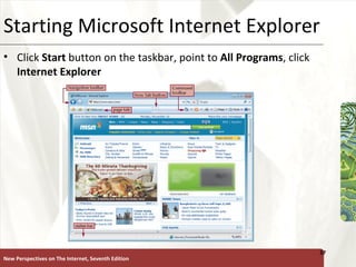 Starting Microsoft Internet Explorer Click  Start  button on the taskbar, point to  All Programs , click  Internet Explorer New Perspectives on The Internet, Seventh Edition 