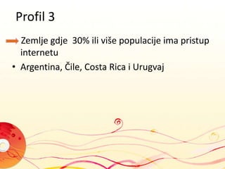Profil 2							     Zemlje gdje između 20 i 25 % populacije ima pristup InternetuBrazil, Kolumbija, Meksiko, Peru i Venezuela