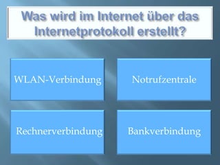 Was wird im Internet über das Internetprotokoll erstellt?WLAN-VerbindungNotrufzentraleRechnerverbindungBankverbindung