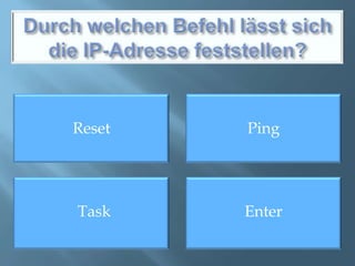 Durch welchen Befehl lässt sich die IP-Adresse feststellen?ResetPingTaskEnter