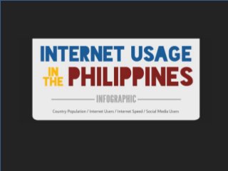 An Infographics About The Internet Usage In the Philippines 2014 Covering The
Following:
• Country Population
• Number of Internet Users
• Philippines Internet Speed
• Number of Social Media Users
 