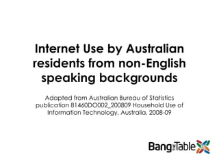 Internet Use by Australian
residents from non-English
speaking backgrounds
Adapted from Australian Bureau of Statistics
publication 81460DO002_200809 Household Use of
Information Technology, Australia, 2008-09
 