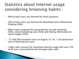 94% of total users use Internet for Email purposes72% of total users use Internet for download music followed by Chatting (56%)Other major purposes for using Internet are job searching (56%), social networking sites (54%) and finding information on search engine (52%) 13,188,580 Facebook users on August 31/10, 1.1% penetration rate of total Internet users Cyber cafes account for maximum Internet usage with over 37% of all users accessing Internet through cyber cafesStatistics about Internet usage considering browsing habits :