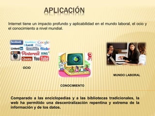 Internet tiene un impacto profundo y aplicabilidad en el mundo laboral, el ocio y
el conocimiento a nivel mundial.
OCIO
Comparado a las enciclopedias y a las bibliotecas tradicionales, la
web ha permitido una descentralización repentina y extrema de la
información y de los datos.
MUNDO LABORAL
CONOCIMIENTO
 