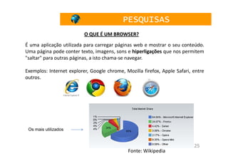 PESQUISAS
                          O QUE É UM BROWSER?
É uma aplicação utilizada para carregar páginas web e mostrar o seu conteúdo.
Uma página pode conter texto, imagens, sons e hiperligações que nos permitem
"saltar" para outras páginas, a isto chama-se navegar.

Exemplos: Internet explorer, Google chrome, Mozilla firefox, Apple Safari, entre
outros.




 Os mais utilizados


                                                                           25
                                              Fonte: Wikipedia
 