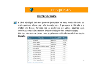 PESQUISAS
                   MOTORES DE BUSCA

É uma aplicação que nos permite pesquisar na web, mediante uma ou
mais palavras chave por nós introduzidas. A pesquisa é filtrada e o
motor de busca fornece-nos o endereço de várias páginas com
informação relacionada com o/os critérios por nós introduzido(s).
Um dos motores de busca mais populares e utilizado mundialmente é o
Google.




                                                                 35
 