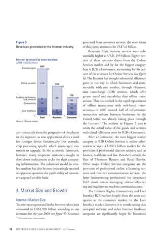 Figure 5                                                                        generated from consumer services, the main focus
     Revenues generated by the Internet industry                                     of this paper, amounted to US$732 billion.
                                                                                     	 Revenues from business services were sub-
                                                                                     stantially higher at US$1,195 billion. Eighty per-
     Internet revenues by source/nature                                              cent of these revenues derive from the Online
     (2008 in US$ billion)
                                     1,927
                                                                                     Services market and by far the biggest category
              Content rights                 34                                      here is B2B e-Commerce, accounting for 86 per-
                                                                                     cent of the revenues for Online Services (see figure
                                                                                     6). The Internet has brought substantial efficiency
             Online services         1,198         1,195
                                                                                     gains to the way in which businesses deal com-
                                                             19                      mercially with one another, through electronic
                                                                                     data interchange (EDI) services, which offer
                                                                        732          greater speed and traceability than offline trans-
     Enabling technology                            956                         16
            and services              61
                                                                        242          actions. This has resulted in the rapid replacement
                Connectivity          325                               61
                                                                                     of offline transactions with web-based trans-
                                                                        262
              User interface          309            62                              actions — in 2007 around half of e-Commerce
                                                    158                 151
                                                                                     transaction volume between businesses in the
                                     Total        Business          Consumer
                                                                                     United States was already taking place through
     Source: A.T. Kearney analysis
                                                                                     the Internet.5 The analysis in Figures 5 and 6
                                                                                     omits the actual value of the goods and services
     a virtuous cycle from the perspective of the players                            and related fulfilment costs for B2B e-Commerce.
     in this segment, as new applications drove a need                               	 After e-Commerce, the next biggest service
     for stronger device functionality (for example,                                 category in B2B Online Services is online infor-
     chip processing speeds) which encouraged cus-                                   mation services, a US$71 billion market for the
     tomers to upgrade. In the economic downturn,                                    provision of professional data on subjects such as
     however, many corporate customers sought to                                     finance, healthcare and law. Providers include the
     slow down replacement cycles for their comput-                                  likes of Thomson Reuters and Reed Elsevier.
     ing infrastructure. The subsidised model in wire-                               Other major Online Services categories are the
     less markets has also become increasingly strained                              provision of professional online e-Learning ser-
     as operators question the profitability of custom-                              vices and Internet communication services, the
     ers acquired on this basis.                                                     latter incorporating professional (or corporate)
                                                                                     VoIP, email, instant messaging, video-conferenc-
                                                                                     ing and machine-to-machine communications.
     4. Market Size and Growth                                                       	 The Content Rights, Connectivity and User
                                                                                     Interface B2B markets largely share the same cat-
     Internet Market Size                                                            egories as the consumer market. In the User
     Total revenues generated in the Internet value chain                            Interface market, however, it is worth noting that
     amounted to US$1,930 billion according to our                                   user-paid software and other Internet hardware
     estimates for the year 2008 (see figure 5). Revenues                            categories are significantly larger for businesses
     5
         The United States Census website.



10   INTERNET VALUE CHAIN ECONOMICS                          |   A.T. Kearney
 