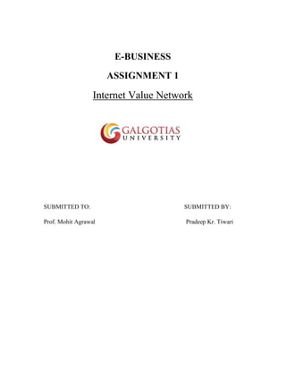 E-BUSINESS
ASSIGNMENT 1
Internet Value Network
SUBMITTED TO: SUBMITTED BY:
Prof. Mohit Agrawal Pradeep Kr. Tiwari
 