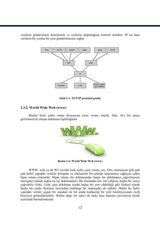 verilerin gönderilişini denetlemek ve verilerin doğruluğunu kontrol etmektir. IP ise ham
verilerin bir yerden bir yere gönderilmesini sağlar.




                              Şekil 1.1: TCP/IP protokol grubu


1.3.2. World Wide Web (www)

       Birden fazla çoklu ortam dosyasının (text, resim, müzik, film, vb.) bir araya
getirilmesiyle oluşan doküman topluluğudur.




                             Resim 1.6: World Wide Web (www)


       WWW, web ya da W3 (world wide web), yazı, resim, ses, film, animasyon gibi pek
çok farklı yapıdaki verilere kompakt ve etkileşimli bir şekilde ulaşmamızı sağlayan çoklu
hiper ortam sistemidir. Hiper ortam, bir dokümandan başka bir dokümanın çağırılmasına
(navigate) olanak sağlar (iç içe dokümanlar). Bu ortamdaki her veri (object), başka bir veriyi
çağırabilir (link). Link, aynı doküman içinde başka bir yere olabildiği gibi fiziksel olarak
başka bir yerde (İnternet üzerindeki herhangi bir makinede) de olabilir. Bütün bu farklı
yapıdaki veriler uygun bir standart ile bir arada kullanılıp bir web listeleyicisinde (web
browser) görüntülenebilir. Webin diğer bir işlevi de öteki bazı İnternet servislerini kendi
içerisinde barındırmasıdır.

                                             12
 