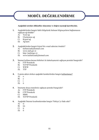 MODÜL DEĞERLENDİRME
               MODÜL DEĞERLENDİRME
     Aşağıdaki soruları dikkatlice okuyunuz ve doğru seçeneği işaretleyiniz.

1.   Aşağıdakilerden hangisi farklı bölgelerde bulunan bilgisayarların bağlanmasını
     sağlayan ağ türüdür?
     A)    Yerel ağ
     B)    Uluslararası ağ
     C)    Kişisel ağ
     D)    Ağ kartı

2.   Aşağıdakilerden hangisi kişisel bir e-mail adresine örnektir?
     A)   kullaniciadi@hotmail.com
     B)   www.meb.gov.tr
     C)   http://meb@gov.tr
     D)   www.kullaniciadi@hotmail.com

3.   İnternet kullanıcılarının birbirleri ile haberleşmesini sağlayan protokol hangisidir?
     A)    FTP Protokolü
     B)    TCP/IP Protokolü
     C)    WWW
     D)    TTP

4.   E-posta adresi alırken aşağıdaki karakterlerden hangisi kullanılamaz?
     A)    o
     B)    e
     C)    i
     D)    ü

5.   İnternette dosya transferini sağlayan protokol hangisidir?
     A)    FTP Protokolü
     B)    CTP Protokolü
     C)    MMS
     D)    TCP/IP Protokolü

6.   Aşağıdaki İnternet kısaltmalarından hangisi Türkiye’yi ifade eder?
     A)   tc
     B)   tm
     C)   tr
     D)   tl




                                             81
 