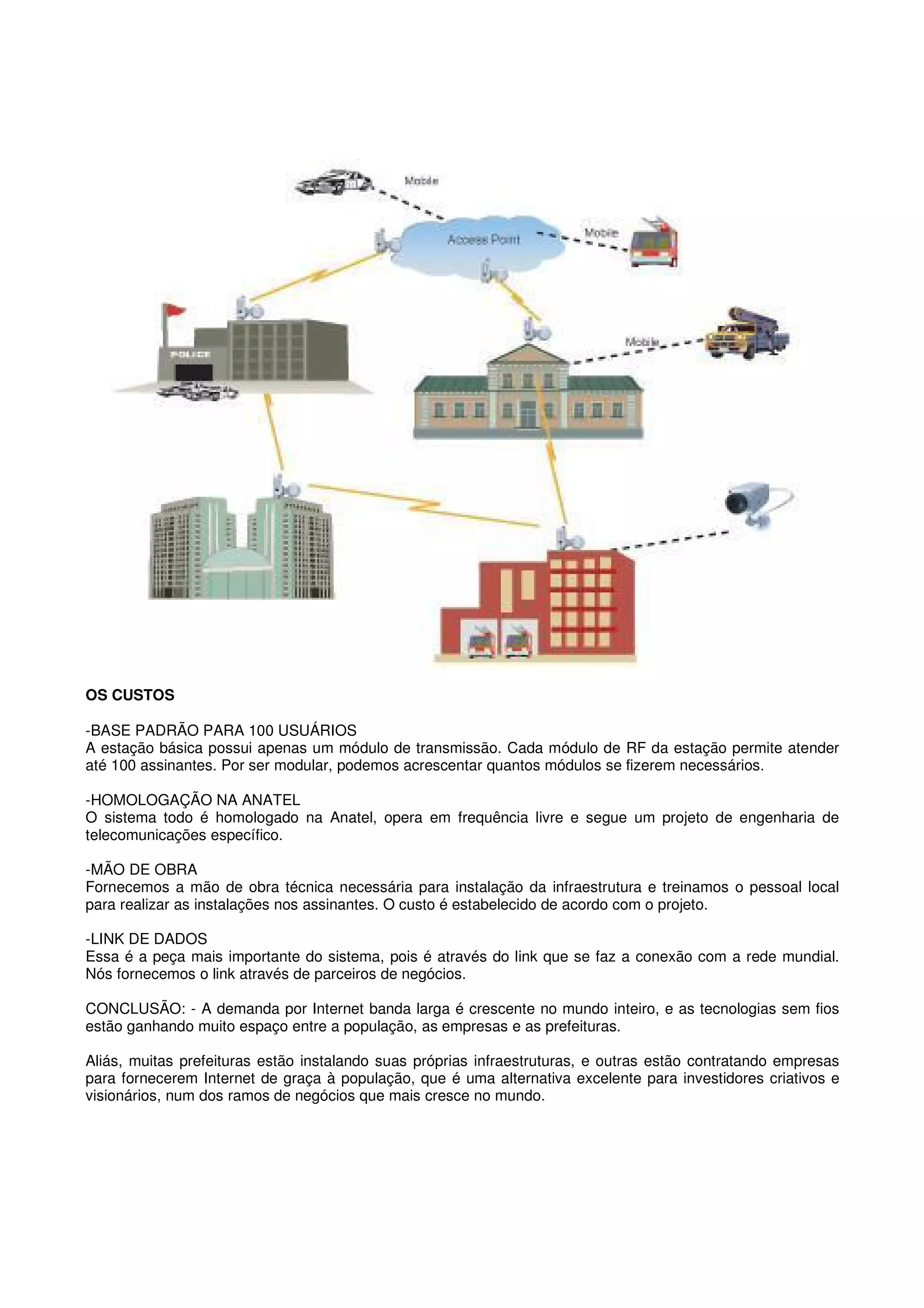 OS CUSTOS

-BASE PADRÃO PARA 100 USUÁRIOS
A estação básica possui apenas um módulo de transmissão. Cada módulo de RF da estação permite atender
até 100 assinantes. Por ser modular, podemos acrescentar quantos módulos se fizerem necessários.

-HOMOLOGAÇÃO NA ANATEL
O sistema todo é homologado na Anatel, opera em frequência livre e segue um projeto de engenharia de
telecomunicações específico.

-MÃO DE OBRA
Fornecemos a mão de obra técnica necessária para instalação da infraestrutura e treinamos o pessoal local
para realizar as instalações nos assinantes. O custo é estabelecido de acordo com o projeto.

-LINK DE DADOS
Essa é a peça mais importante do sistema, pois é através do link que se faz a conexão com a rede mundial.
Nós fornecemos o link através de parceiros de negócios.

CONCLUSÃO: - A demanda por Internet banda larga é crescente no mundo inteiro, e as tecnologias sem fios
estão ganhando muito espaço entre a população, as empresas e as prefeituras.

Aliás, muitas prefeituras estão instalando suas próprias infraestruturas, e outras estão contratando empresas
para fornecerem Internet de graça à população, que é uma alternativa excelente para investidores criativos e
visionários, num dos ramos de negócios que mais cresce no mundo.
 