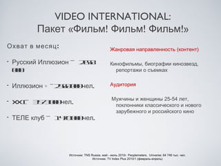 VIDEO INTERNATIONAL:
        Пакет «Фильм! Фильм! Фильм!»
Охват в месяц :                               Жанровая направленность (контент)

• Русский Иллюзион — 2 5
                      68                      Кинофильмы, биографии кинозвезд,
  00
   0                                            репортажи о съемках


• Иллюзион + -2 6 00 .
               50 0 чел                       Аудитория

                                               Мужчины и женщины 25-54 лет,
• X I 3 7 00 .
   X — 53 0 чел                                 поклонники классического и нового
                                                зарубежного и российского кино
• ТЕЛЕ клуб — 1 7 00 .
               48 0 чел




                  Источник: TNS Russia, май - июль 2010г. Peoplemeters. Universe: 64 746 тыс. чел.
                                 Источник: TV Index Plus 2010/1 (февраль-апрель)
 