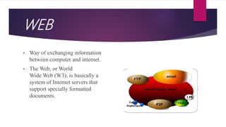 WEB
• Way of exchanging information
between computer and internet.
• The Web, or World
Wide Web (W3), is basically a
system of Internet servers that
support specially formatted
documents.
 