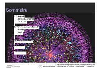 Sommaire 1. Internet - Origine / Arpanet - TCP / IP 2. Services pour Internet - e-mail - Web 3. World Wide Web 4. Web 2.0 Ressources http://www.technologyreview.com/read_article.aspx?id=18944&a=f 