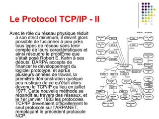 Le Protocol TCP/IP - II Avec le rôle du réseau physique réduit à son strict minimum, il devint alors possible de fusionner à peu près tous types de réseau sans tenir compte de leurs caractéristiques et ainsi résoudre le problème que s'était posé Robert E. Kahn à ses débuts. DARPA accepta de financer le développement du logiciel prototype, et après plusieurs années de travail, la première démonstration quelque peu rustique de ce qu'était alors devenu le TCP/IP eu lieu en juillet 1977. Cette nouvelle méthode se répandit au travers des réseaux, et le 1er janvier 1983 les protocoles TCP/IP devenaient officiellement le seul protocole sur l'ARPANET, remplaçant le précédent protocole NCP. 