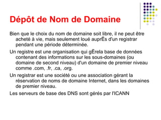 Bien que le choix du nom de domaine soit libre, il ne peut être acheté à vie, mais seulement loué auprès d'un registrar pendant une période déterminée. Un registre est une organisation qui gèrela base de données contenant des informations sur les sous-domaines (ou domaine de second niveau) d'un domaine de premier niveau comme .com, .fr, .ca, .org. Un registrar est une société ou une association gérant la réservation de noms de domaine Internet, dans les domaines de premier niveau. Les serveurs de base des DNS sont gérés par l'ICANN  Dépôt de Nom de Domaine 