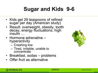 Sugar and Kids  9-6 Kids get 29 teaspoons of refined sugar per day (American study) Result: overweight, obesity, tooth decay, energy fluctuations, high insulin … Hormone adrenaline – hyperactivity Crashing low Tired, irritable, unable to concentrate Breakfast, sodas – problems Offer fruit as alternative 