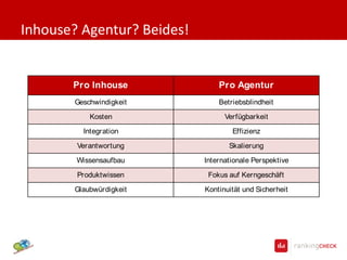 Inhouse? Agentur? Beides!


       Pro Inhouse              Pro Agentur
        Geschwindigkeit         Betriebsblindheit

            Kosten                Verfügbarkeit
          Integration               Effizienz

        Verantwortung              Skalierung
        Wissensaufbau       Internationale Perspektive

        Produktwissen        Fokus auf Kerngeschäft
        Glaubwürdigkeit     Kontinuität und Sicherheit
 