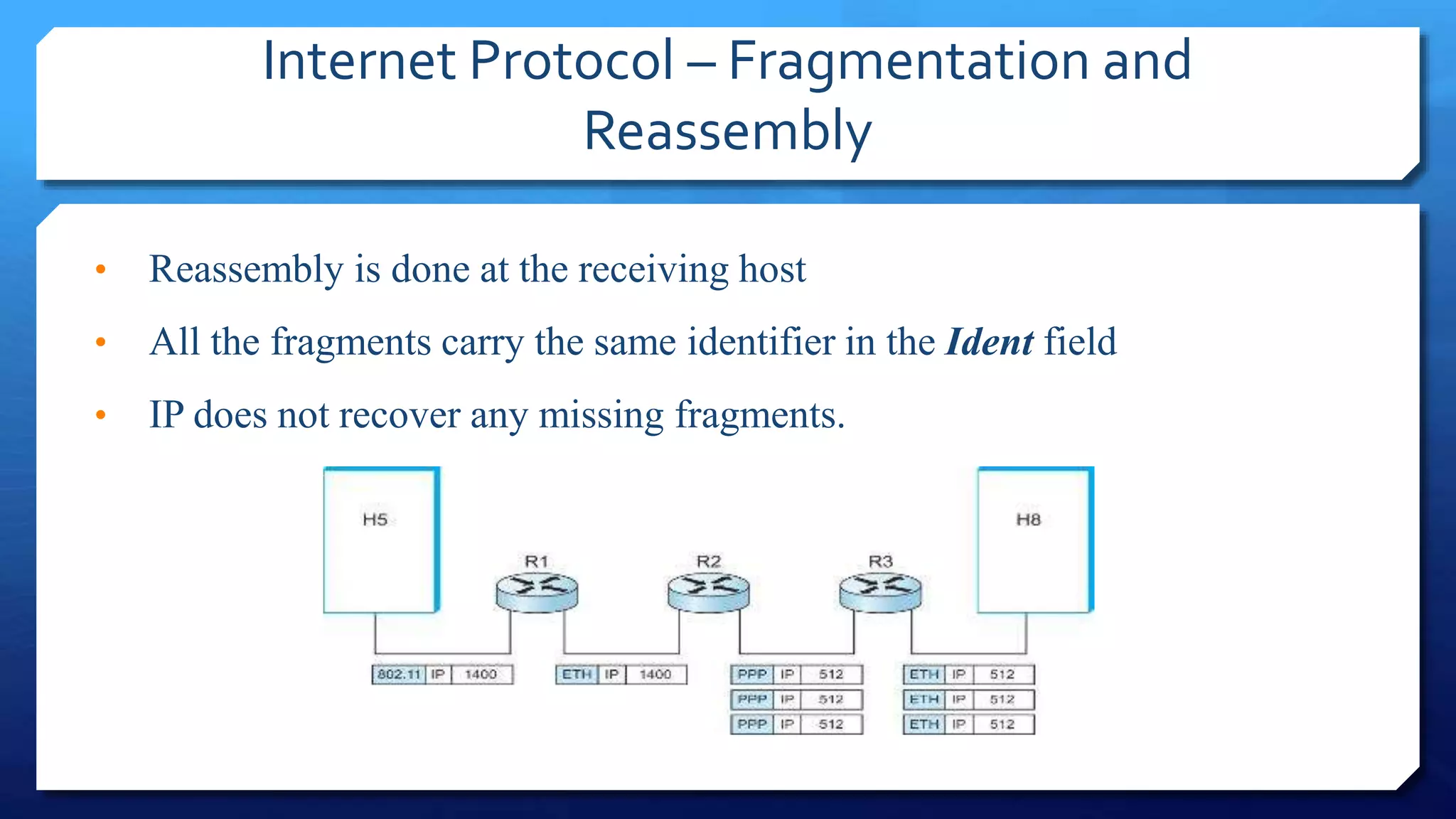 Internet Protocol – Fragmentation and
Reassembly
• Reassembly is done at the receiving host
• All the fragments carry the same identifier in the Ident field
• IP does not recover any missing fragments.
 