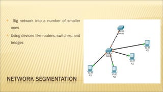 Big network into a number of smaller
ones
 Using devices like routers, switches, and
bridges
 