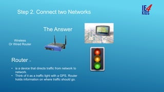 Step 2. Connect two Networks
Router –
• is a device that directs traffic from network to
network.
• Think of it as a traffic light with a GPS. Router
holds information on where traffic should go.
The Answer
Wireless
Or Wired Router
 