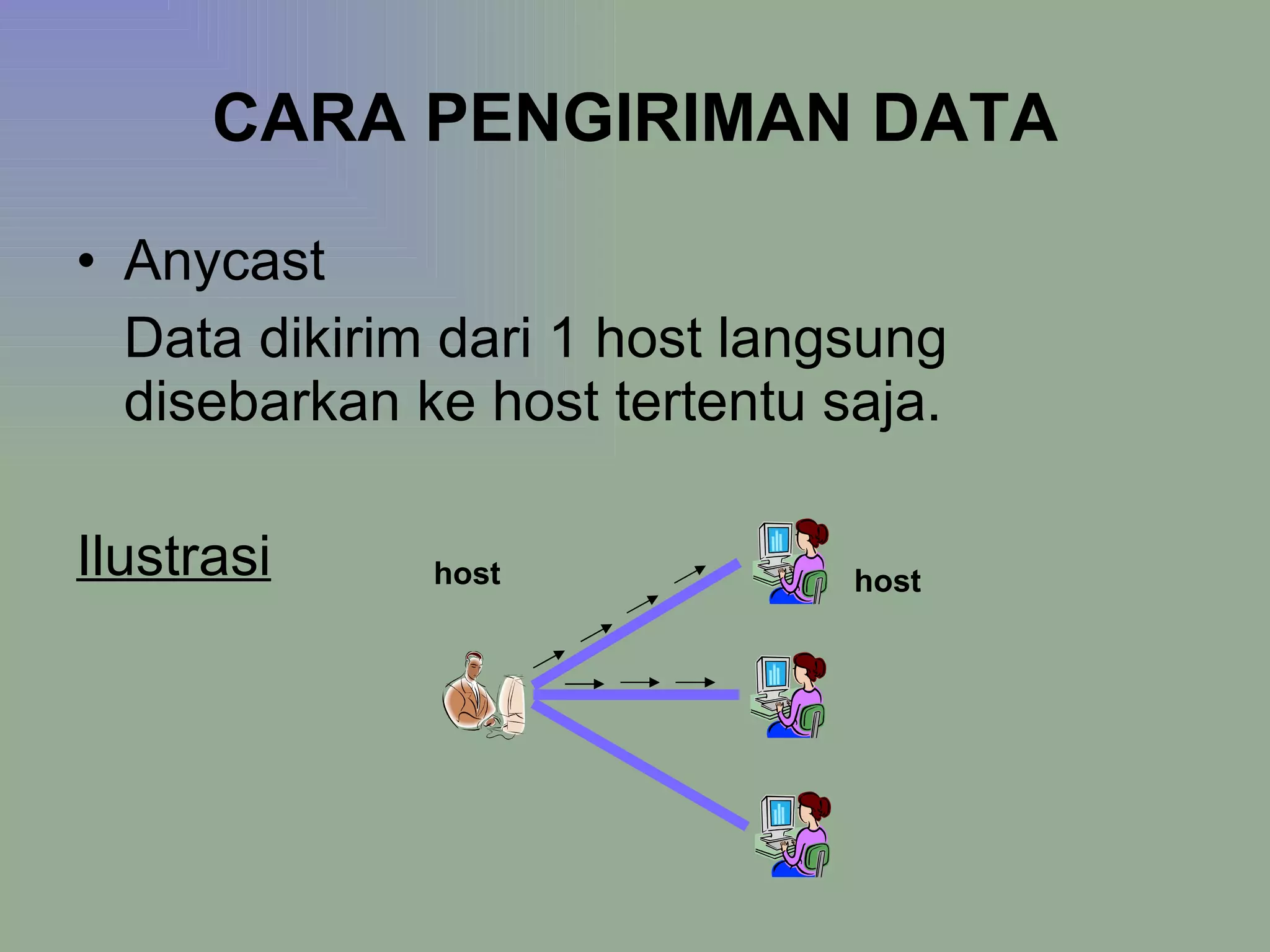 CARA PENGIRIMAN DATA Anycast Data dikirim dari 1 host langsung disebarkan ke host tertentu saja. Ilustrasi host host 