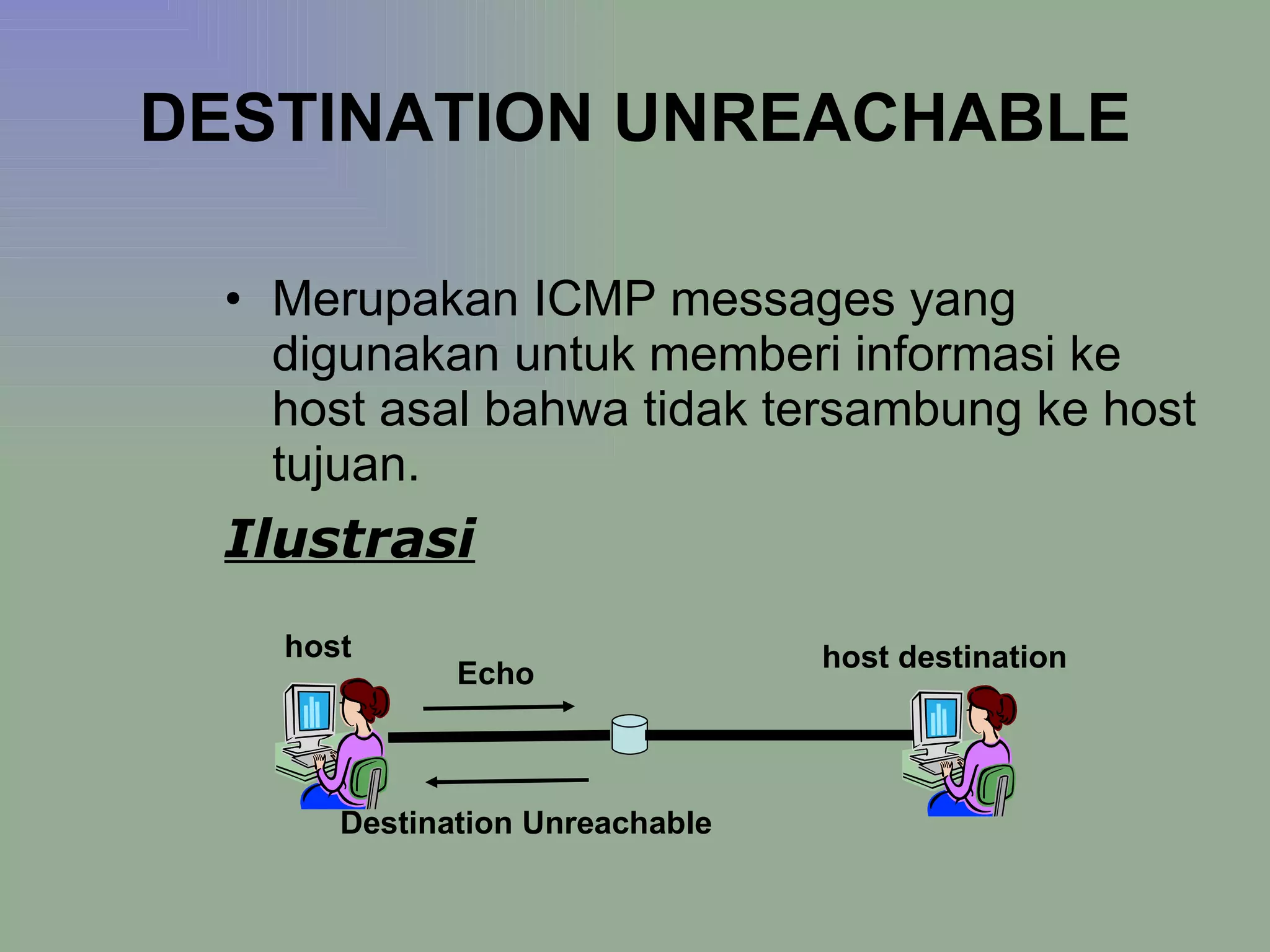 DESTINATION UNREACHABLE Merupakan ICMP messages yang digunakan untuk memberi informasi ke host asal bahwa tidak tersambung ke host tujuan. Ilustrasi host host destination Destination Unreachable Echo 
