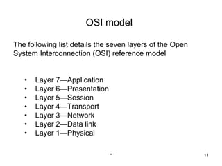 OSI model

The following list details the seven layers of the Open
System Interconnection (OSI) reference model


   •   Layer 7—Application
   •   Layer 6—Presentation
   •   Layer 5—Session
   •   Layer 4—Transport
   •   Layer 3—Network
   •   Layer 2—Data link
   •   Layer 1—Physical

                              *                           11
 