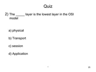 Quiz
2) The _____ layer is the lowest layer in the OSI
   model


  a) physical

  b) Transport

  c) session

  d) Application



                              *                     25
 