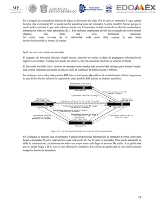 25
En la imagen los enrutadores admiten la lógica de horizonte dividido. Por lo tanto, el enrutador C (que admite
la única ruta al enrutador D) no puede recibir actualizaciones del enrutador A sobre la red D. Esto es porque A
confía en C (e incluso B) para esta información de ruta. El enrutador A debe omitir de su tabla de enrutamiento,
información sobre las rutas aprendidas de C. Este enfoque simple para dividir bucles puede ser relativamente
efectivo, pero tiene una seria limitación funcional:
Al omitir rutas inversas de la publicidad, cada nodo debe esperar la ruta hacia
destino inalcanzable al tiempo de espera.
Split Horizon con reverso envenenado
El esquema de horizonte dividido simple intenta controlar los bucles al dejar de propagarse información de
regreso a su creador. Aunque esto puede ser efectivo, hay más maneras efectivas de detener un bucle.
El horizonte dividido con el reverso envenenado toma mucha más proactividad enfoque para detener bucles:
esta técnica realmente envenena la ruta en bucle al establecer la métrica hasta el infinito.
Sin embargo, entre redes más grandes, RIP todavía está sujeto al problema de contar hasta el infinito. asegurarse
de que dichos bucles infinitos se capturen lo antes posible, RIP admite un disparo actualizar.
Figura 12. un horizonte dividido con marcha atrás envenenado.
En la imagen se muestra que el enrutador A puede proporcionar información al enrutador B sobre cómo para
llegar al enrutador D, pero esta ruta lleva una métrica de 16. Por lo tanto, el enrutador B no puede actualizar su
tabla de enrutamiento con información sobre una mejor manera de llegar al destino. De hecho, A es publicidad
que no puede llegar a D, lo cual es una afirmación verdadera. Esta forma de publicidad en ruta efectivamente
rompe los bucles de inmediato.
 
