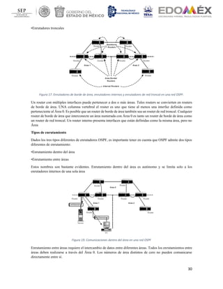 30
•Enrutadores troncales
Figura 17. Enrutadores de borde de área, enrutadores internos y enrutadores de red troncal en una red OSPF.
Un router con múltiples interfaces puede pertenecer a dos o más áreas. Tales routers se convierten en routers
de borde de área. UNA columna vertebral el router es uno que tiene al menos una interfaz definida como
perteneciente al Área 0. Es posible que un router de borde de área también sea un router de red troncal. Cualquier
router de borde de área que interconecte un área numerada con Área 0 es tanto un router de borde de área como
un router de red troncal. Un router interno presenta interfaces que están definidas como la misma área, pero no
Área
Tipos de enrutamiento
Dados los tres tipos diferentes de enrutadores OSPF, es importante tener en cuenta que OSPF admite dos tipos
diferentes de enrutamiento:
•Enrutamiento dentro del área
•Enrutamiento entre áreas
Estos nombres son bastante evidentes. Enrutamiento dentro del área es autónomo y se limita solo a los
enrutadores internos de una sola área
Figura 19. Comunicaciones dentro del área en una red OSPF
Enrutamiento entre áreas requiere el intercambio de datos entre diferentes áreas. Todos los enrutamientos entre
áreas deben realizarse a través del Área 0. Los números de área distintos de cero no pueden comunicarse
directamente entre sí.
 