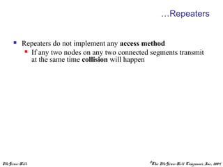 McGraw-Hill ©The McGraw-Hill Companies, Inc., 2004
…Repeaters
 Repeaters do not implement any access method
 If any two nodes on any two connected segments transmit
at the same time collision will happen
 