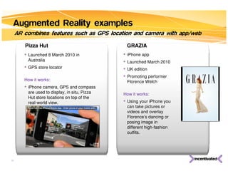 Augmented Reality examples
     AR combines features such as GPS location and camera with app/web

        Pizza Hut                               GRAZIA
        • Launched 8 March 2010 in             • iPhone app
         Australia                             • Launched March 2010
        • GPS store locator                    • UK edition
                                               • Promoting performer
        How it works:                           Florence Welch
        • iPhone camera, GPS and compass
         are used to display, in situ, Pizza   How it works:
         Hut store locations on top of the
         real-world view.                      • Using your iPhone you
                                                can take pictures or
                                                videos and overlay
                                                Florence’s dancing or
                                                posing image in
                                                different high-fashion
                                                outfits.




34
 