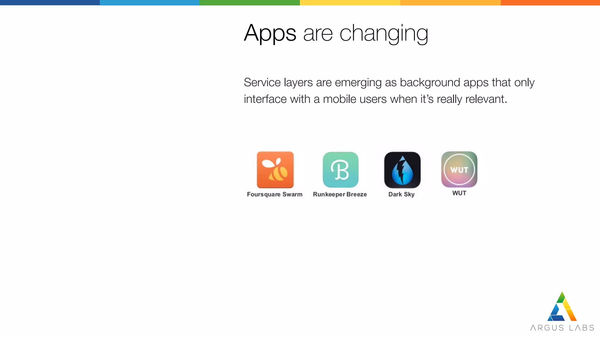 Apps are changing
Service layers are emerging as background apps that only
interface with a mobile users when it’s really relevant.
 